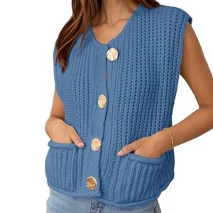 Pretty Garden Blue Button-Up Women's chunky knit Sweater Vest, Size Medium, NWT
